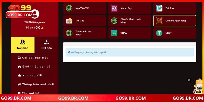Chi tiết các phương thức nạp tiền Go99